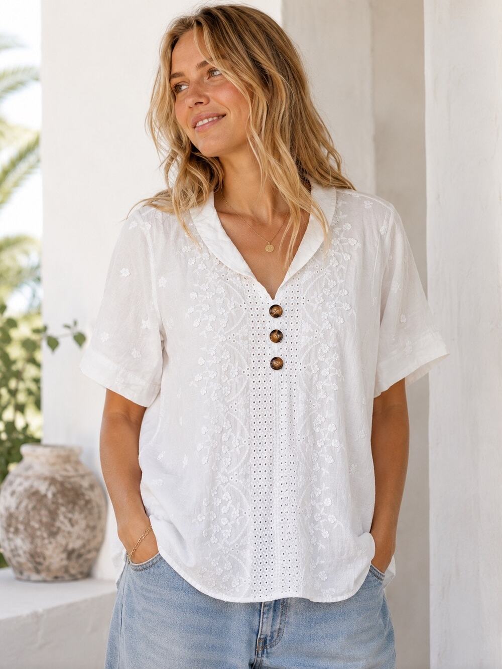 Women’s XL 100% Cotton Embroidered Eyelet Blouse Wooden Buttons Boho